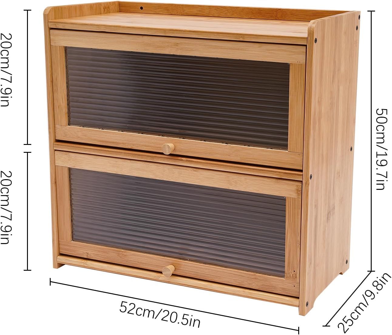 2 Tier Bamboo Countertop Pantry, Kitchen Countertop Flatware Storage Cabinet with 2 Sliding Striped Clear Door Stoppers, Fully Sealed Cutlery Organizer for Condiments, Plates, Bowls