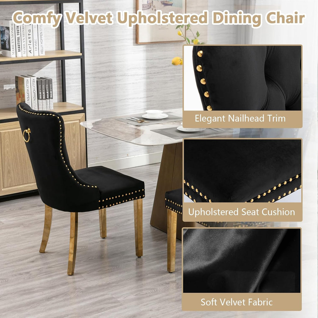 5 Piece Dining Table Set Rectanglar Glass Dining Set for 4 Modern Small Kitchen Table Set with 4 Upholstered Chairs for Apartment Dining Kitchen Room (Gold Table & Black Chair)