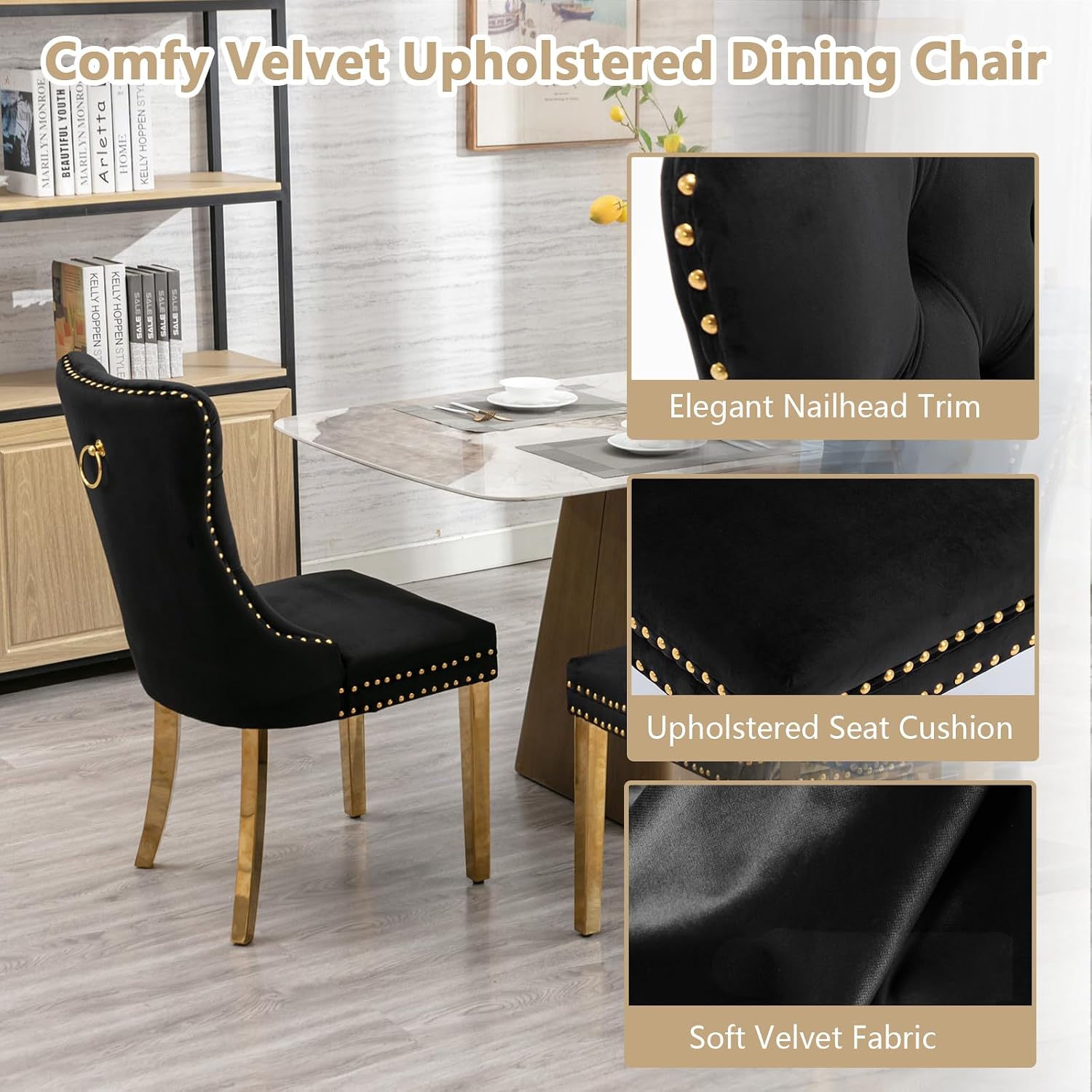 5 Piece Dining Table Set Rectanglar Glass Dining Set for 4 Modern Small Kitchen Table Set with 4 Upholstered Chairs for Apartment Dining Kitchen Room (Gold Table & Black Chair)