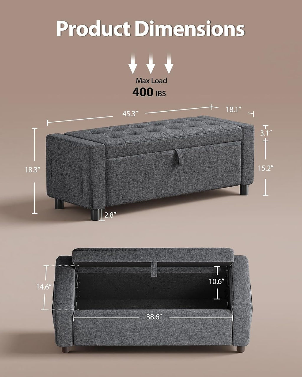 Amada 46" Storage Ottoman Bench, Side Pocket, Safety Hinge, Dark Gray | 30 Gallon (112 Liter) Hidden Storage, Holds 400 lbs, 3.14" Thick Foam, End of Bed Bench, Bench for Living Room, Bedroom