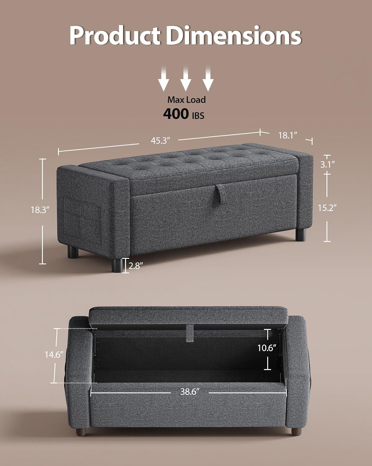 Amada 46" Storage Ottoman Bench, Side Pocket, Safety Hinge, Dark Gray | 30 Gallon (112 Liter) Hidden Storage, Holds 400 lbs, 3.14" Thick Foam, End of Bed Bench, Bench for Living Room, Bedroom