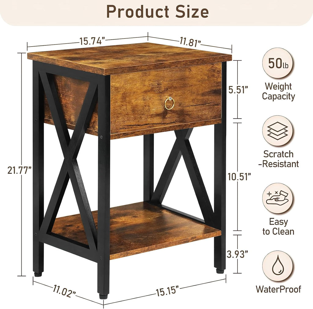 JMLHMXC Nightstands Industrial Bedside End Tables with Drawer and Storage Shelf,Small Side Table for Bedroom, Living Room, Sofa Couch,Brown