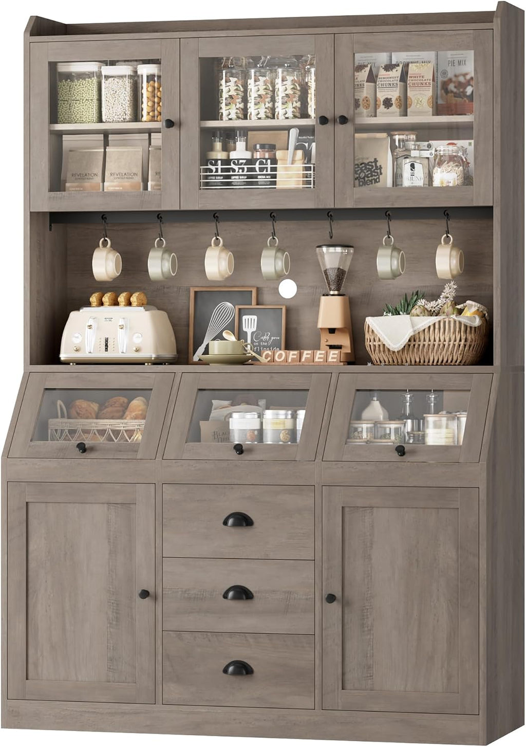 HIFIT 71.4” H Kitchen Hutch Pantry Cabinet with 3 Bread Boxes&7 Metal Hooks | Farmhouse Kitchen Hutch Cabinet with Storage and Glass Doors for Living Dining Room, Home Office, Ash Grey