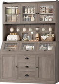 HIFIT 71.4” H Kitchen Hutch Pantry Cabinet with 3 Bread Boxes&7 Metal Hooks | Farmhouse Kitchen Hutch Cabinet with Storage and Glass Doors for Living Dining Room, Home Office, Ash Grey