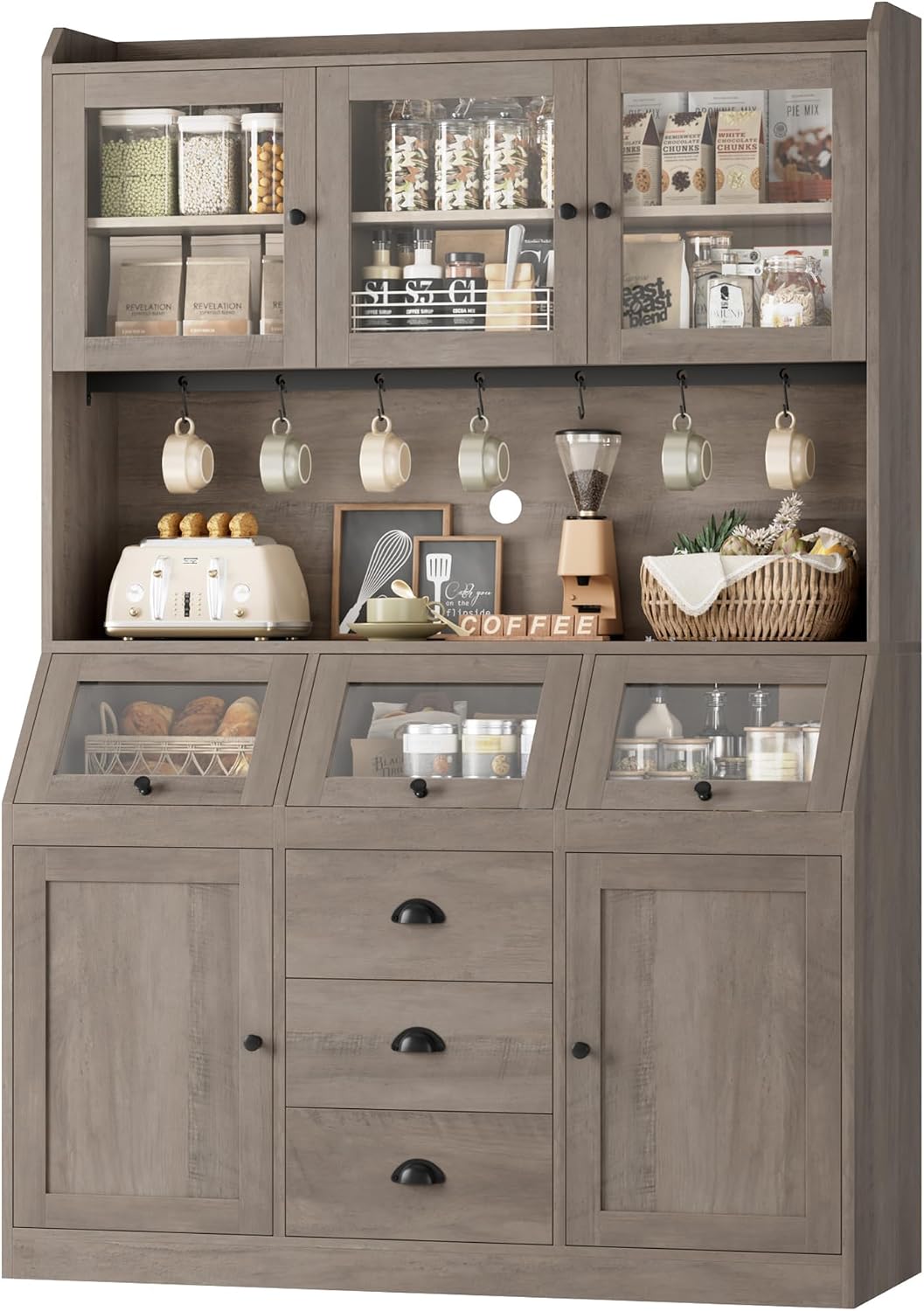 HIFIT 71.4” H Kitchen Hutch Pantry Cabinet with 3 Bread Boxes&7 Metal Hooks | Farmhouse Kitchen Hutch Cabinet with Storage and Glass Doors for Living Dining Room, Home Office, Ash Grey