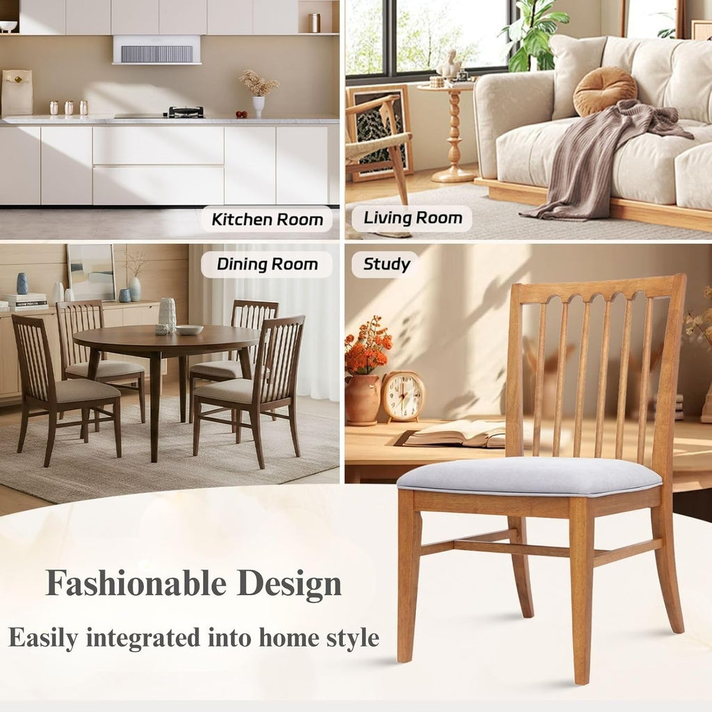 Wood Dining Chairs Set of 2, Upholstered Farmhouse Dining Room Chair, Chenille Armless Side Chair with Solid Rubberwood Legs, Rustic Wooden Kitchen Chair for Kitchen/Living Room, Grey