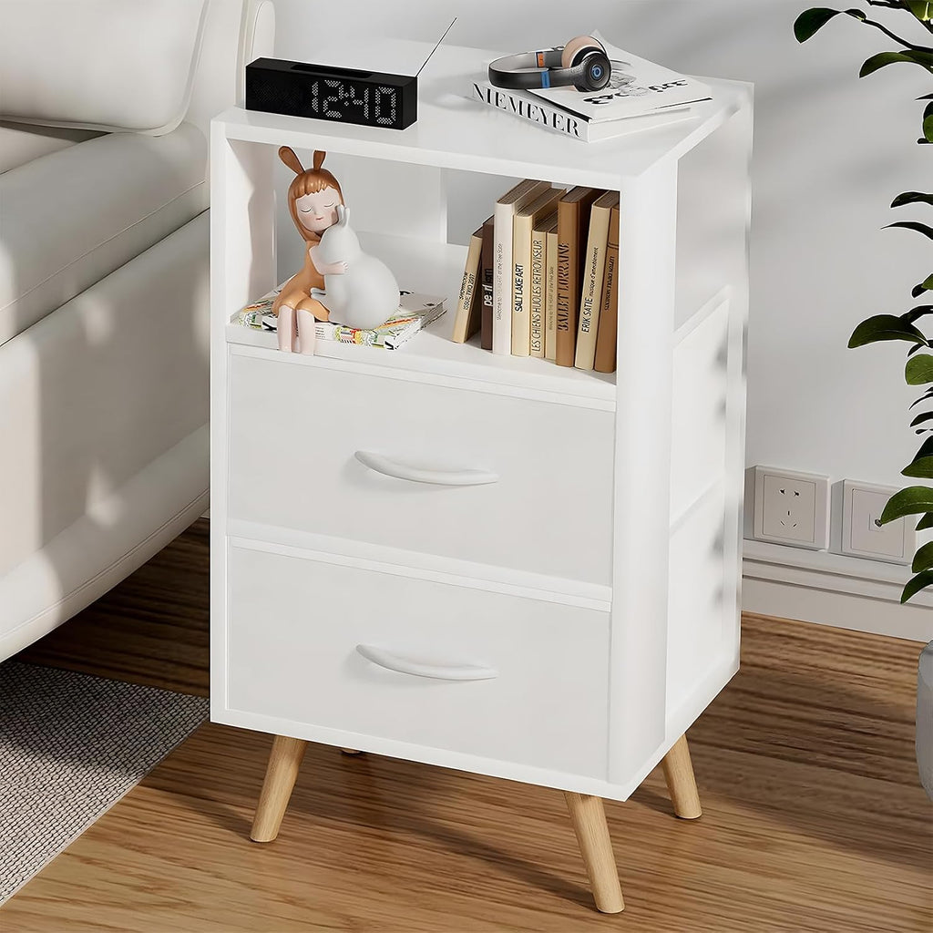 Aenuert Night Stand, White Nightstand with Fabric Drawers, Wooden Side Table with Open Storage, 3-Tier Modern End Table, Bedside Table for Small Space, Living Room, Bedroom