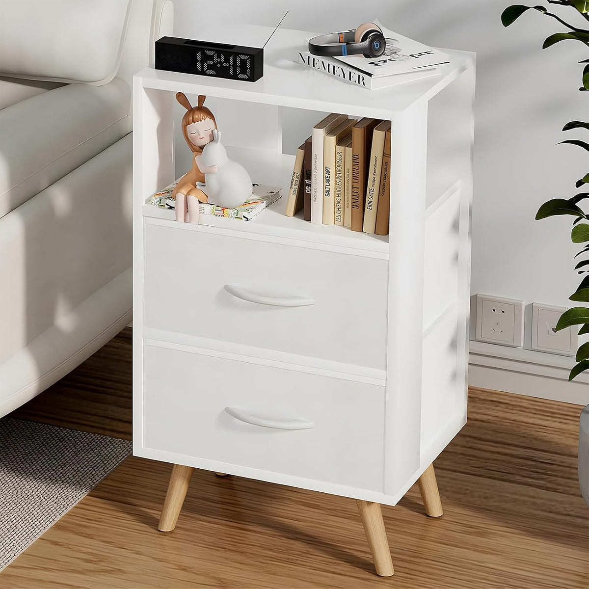 Aenuert Night Stand, White Nightstand with Fabric Drawers, Wooden Side Table with Open Storage, 3-Tier Modern End Table, Bedside Table for Small Space, Living Room, Bedroom