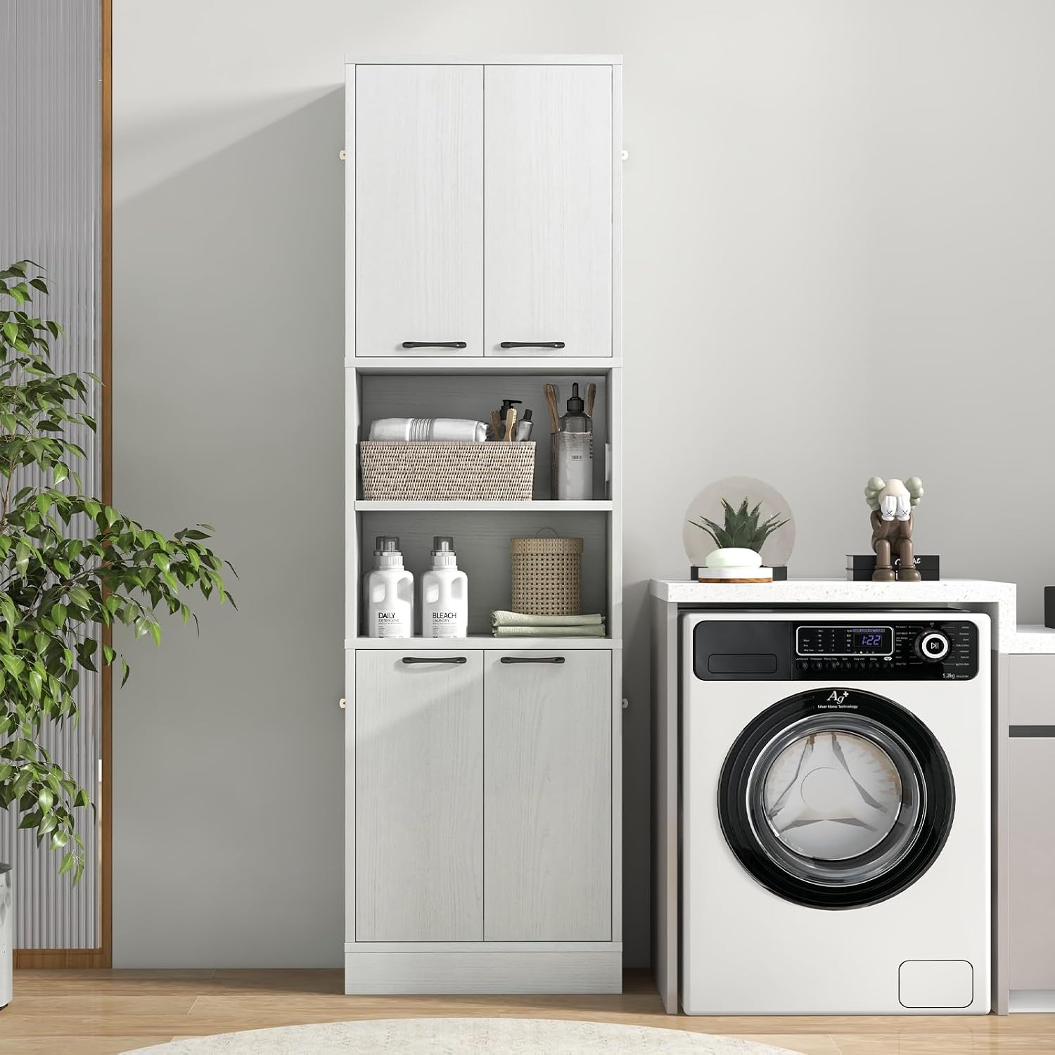 TANGZON 190CM Tall Kitchen Cupboard, 4-Door Storage Cabinet with Enclosed Cabinets, Open Compartments & Anti-tipping Kits, Freestanding Wooden Tall Sideboard for Pantry Dining Living Room (White Oak)
