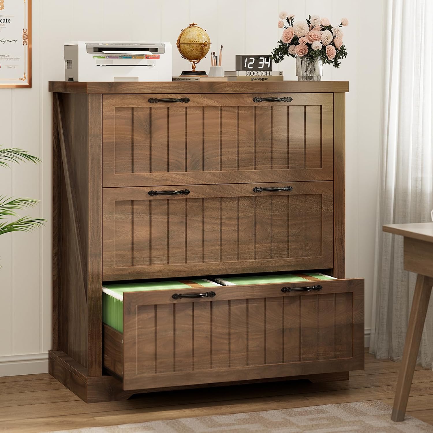 SEDETA Filing Cabinet for Home Office, Farmhouse 3 Drawer File Cabinet, Wood Office File Cabinets for Letter/Legal/A4 Size, Lateral File Cabinets with Printer Stand, Brown