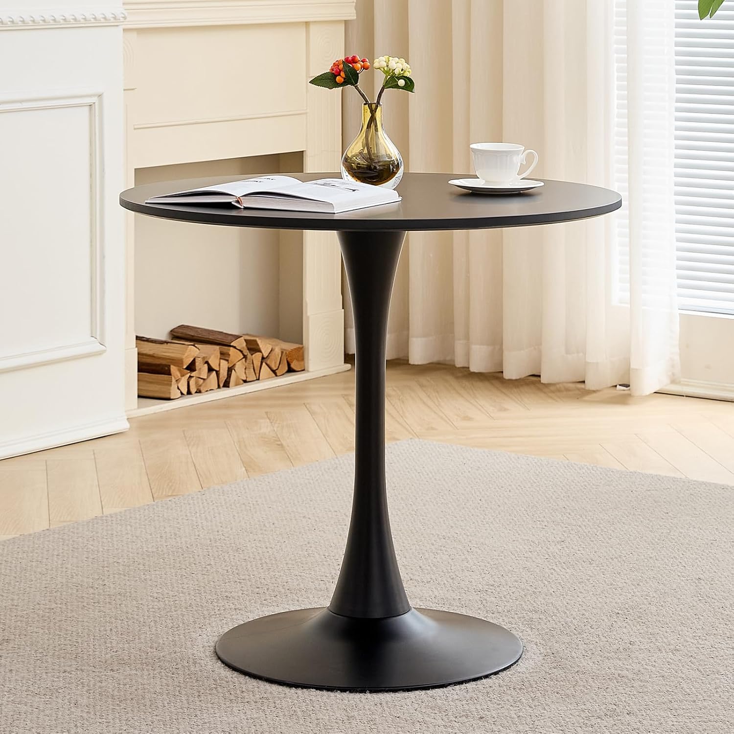 23.6" Small Round Dining Table for 2 4, [Sturdy Metal Tulip Base] Black Modern Circle Kitchen Table, Space Saving, for Dining Room Apartment Office