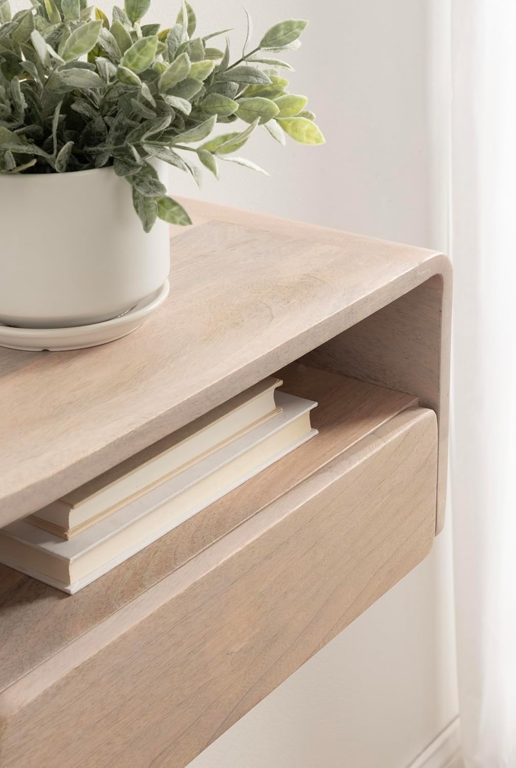 Kate and Laurel Kato Modern Mango Wood Floating Side Table with Drawer, 18 x 10 x 9, Whitewash, Contemporary Wooden Floating Nightstand for Bedroom Bedside Table or Living Room Wall Storage