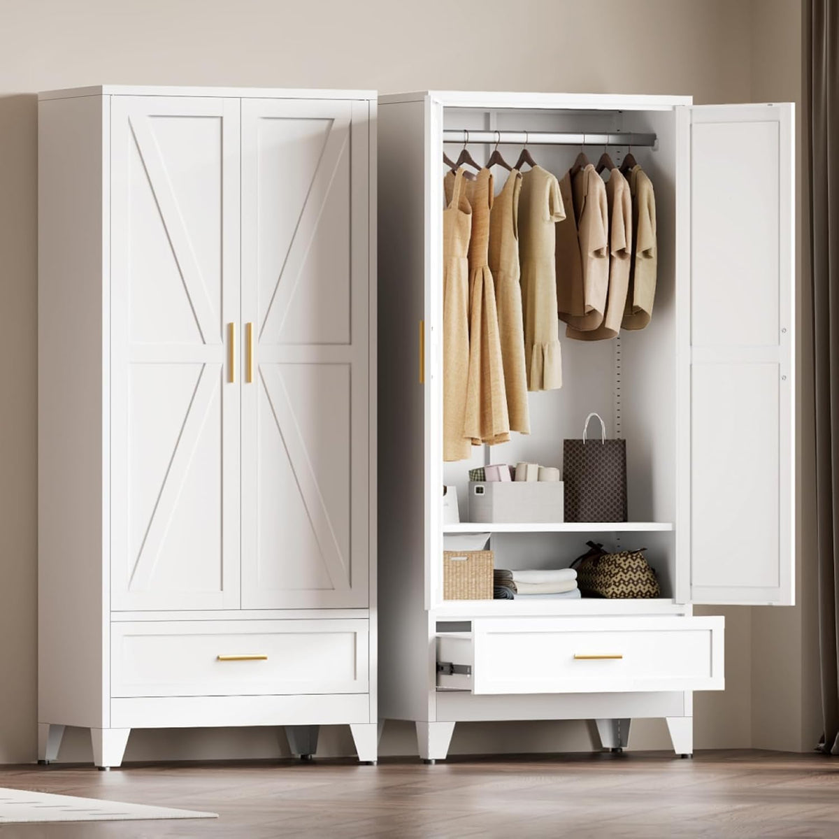 Metal Wardrobe Closet for Bedroom, 71" Freestanding Armoire Wardrobe with Drawer and Shelf, Hanging Rod Clothing Storage Cabinet with Two Doors, Tall Farmhouse Clothes Cabinet Bedroom Armoires