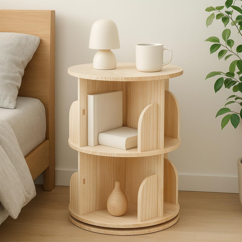 2 Tier Wood Bookshelf Office End Table,Nightstand with Storage Shelf,Rotating Side Table,Circle Nightstands for Bedroom,Modern Sofa Bedside Tables for Living Room,Easy Assembly.