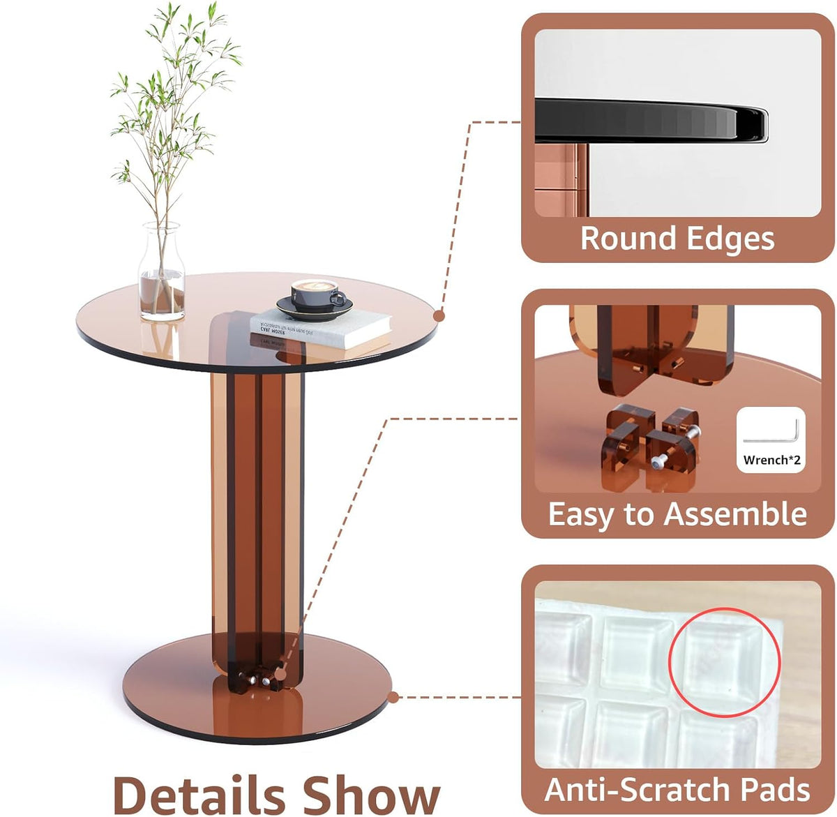 Round Acrylic Side Table, Modern Accent End Table, Minimalist Bedside Night Stand, Small Coffee Tables for Living Room Office Bedroom Indoor Home Decor, Brown