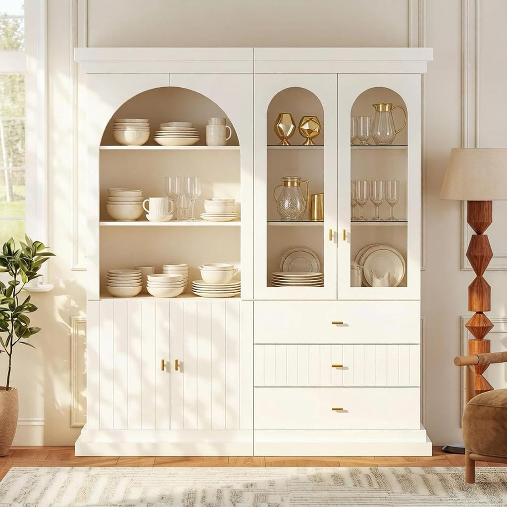 71" Arched Kitchen Modern Pantry Storage Cabinet, Tall Display Cabinet for Living Room and Dining Room with 1 Glass Door and 1 Open Shelf Cabinet with Drawers, White with Gold Handles, 2 of Set
