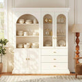 71" Arched Kitchen Modern Pantry Storage Cabinet, Tall Display Cabinet for Living Room and Dining Room with 1 Glass Door and 1 Open Shelf Cabinet with Drawers, White with Gold Handles, 2 of Set