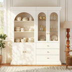 71" Arched Kitchen Modern Pantry Storage Cabinet, Tall Display Cabinet for Dining Room and Living Room with 1 Glass Door and 1 Open Shelf Cabinet with Drawers, White with Gold Handles, 2 of Set