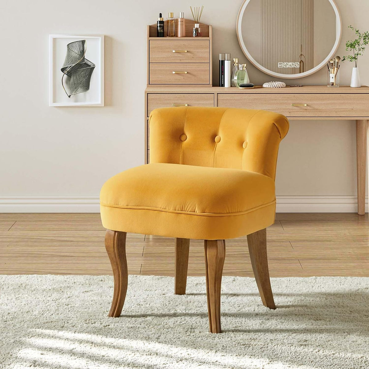 HULALA HOME Velvet Vanity Stool with Low Back, Mustard | Small Modern Vanity Chair with Solid Wood Legs for Women Girls, Bedroom, Dressing Table