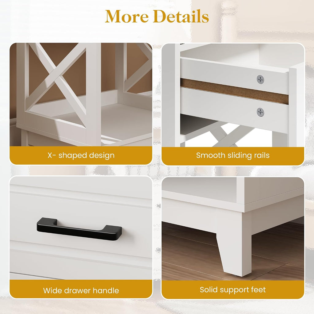 May in Color Nightstand with 2 Drawers, 30" Tall Beside Table for Bedroom | Farmhouse Wooden side Table with Solid Feet and Open Shelf, Modern Painted End Table for Living Room, Home Office, White