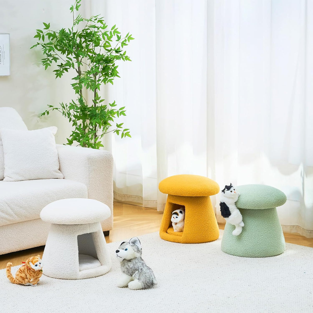 Wimarsbon Mushroom Ottoman, Multifunctional Teddy Velvet Footrest with Wood Frame, Round Vanity Chair with Cozy Hideaway Bed for Small Pets Suitable for Living Room, Bedroom, and Entryway (White)