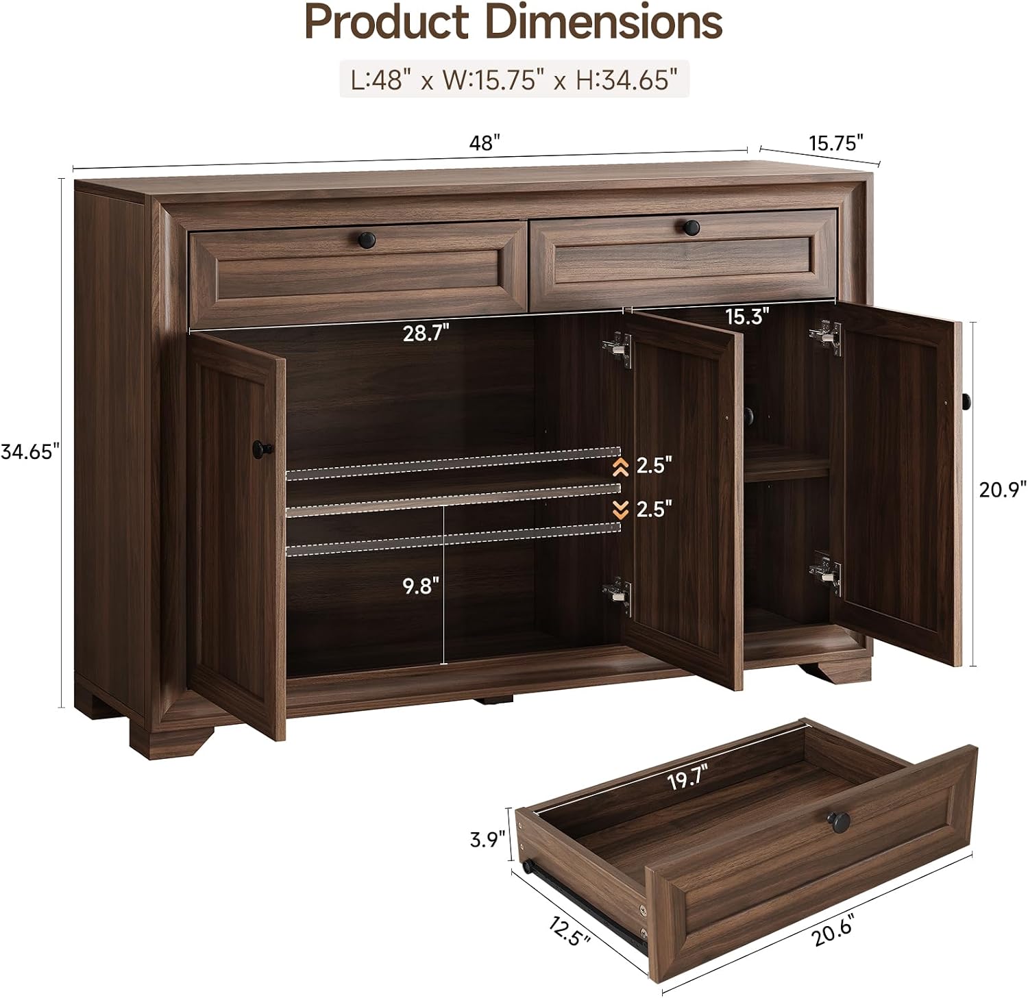 ONBRILL 48 Inches Sideboard Buffet Cabinet with Storage, Brown