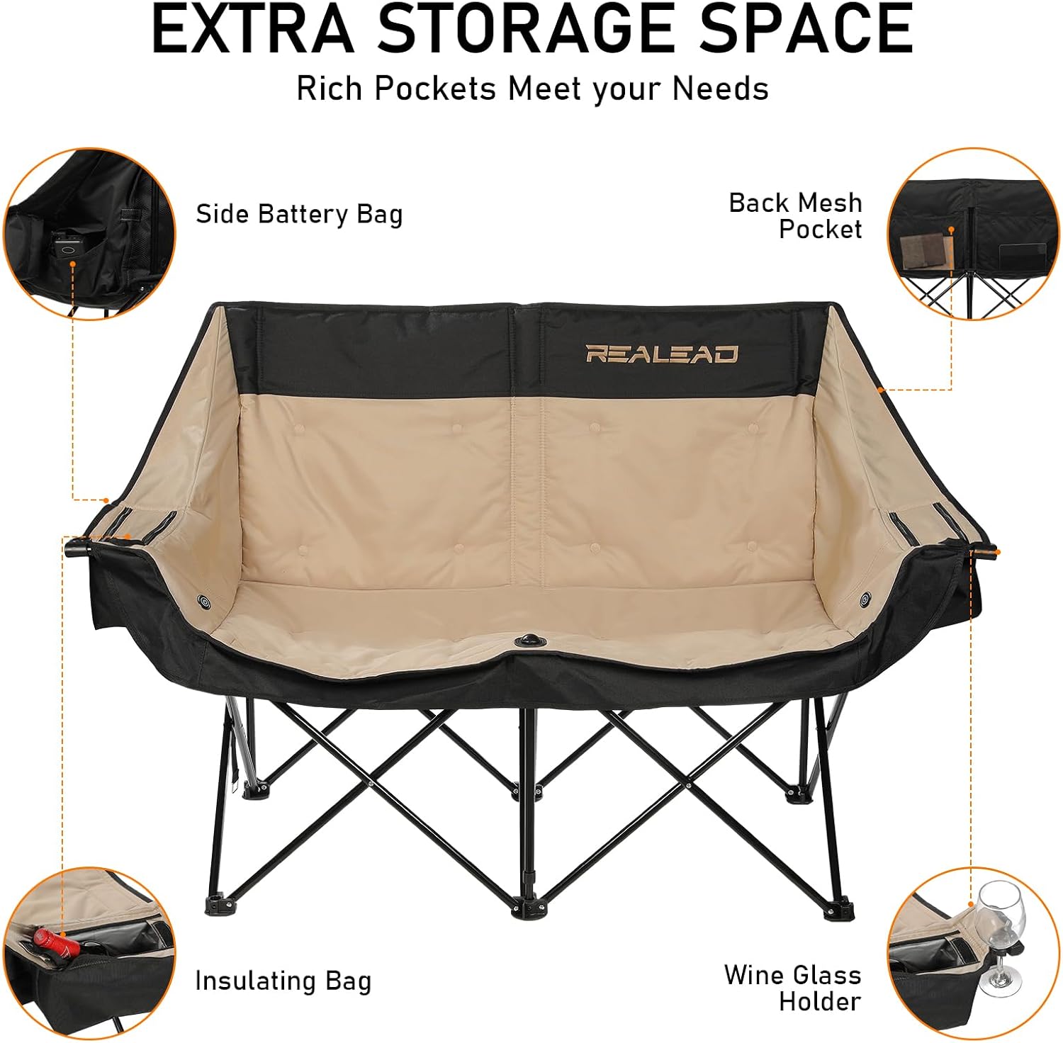 REALEAD Heated Double Camping Chair - Heated Loveseat Camping Chairs for Adults with 3 Heat Levels and 4 Heating Zones - Oversized Heated Chairs Outdoor Sports Supports 650 lbs Battery NOT Included
