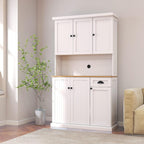 71" Kitchen Pantry Storage Cabinet with Microwave Shelf, Modern Freestanding Hutch with Adjustable Shelves, 6 Doors and Drawer, Wood Countertop for Kitchen, Dining Room, White