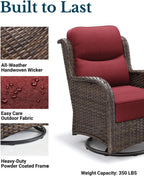 HILLGA Luxury 5 PCS Outdoor Swivel Rocker Patio Chairs of 2 with Side Table | 6 Inch Thick Cushions, All Weather Outdoor Chairs High Back Wicker Patio Furniture Set for Porch and Deck, Burgundy