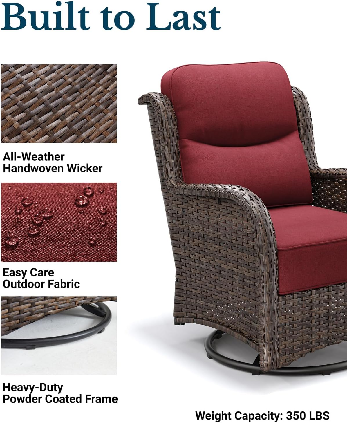 HILLGA Luxury 5 PCS Outdoor Swivel Rocker Patio Chairs of 2 with Side Table | 6 Inch Thick Cushions, All Weather Outdoor Chairs High Back Wicker Patio Furniture Set for Porch and Deck, Burgundy