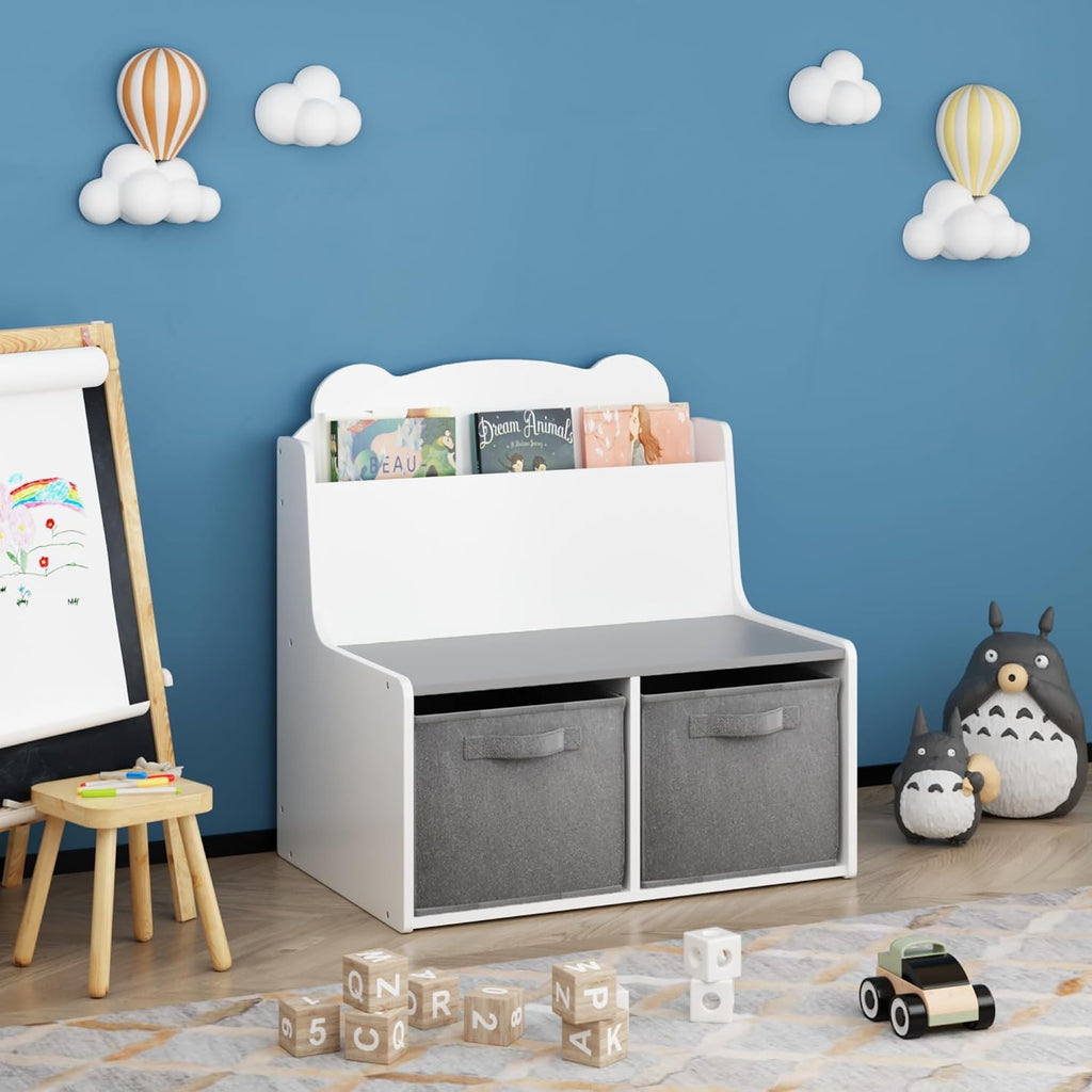 Kids Bookshelf with Chalkboard Side, Bear-Shaped Wooden 3-Tier | Bear-shaped wooden bookcase with 3-tier open shelves and a chalkboard side for drawing; sturdy, kid-safe rounded corners