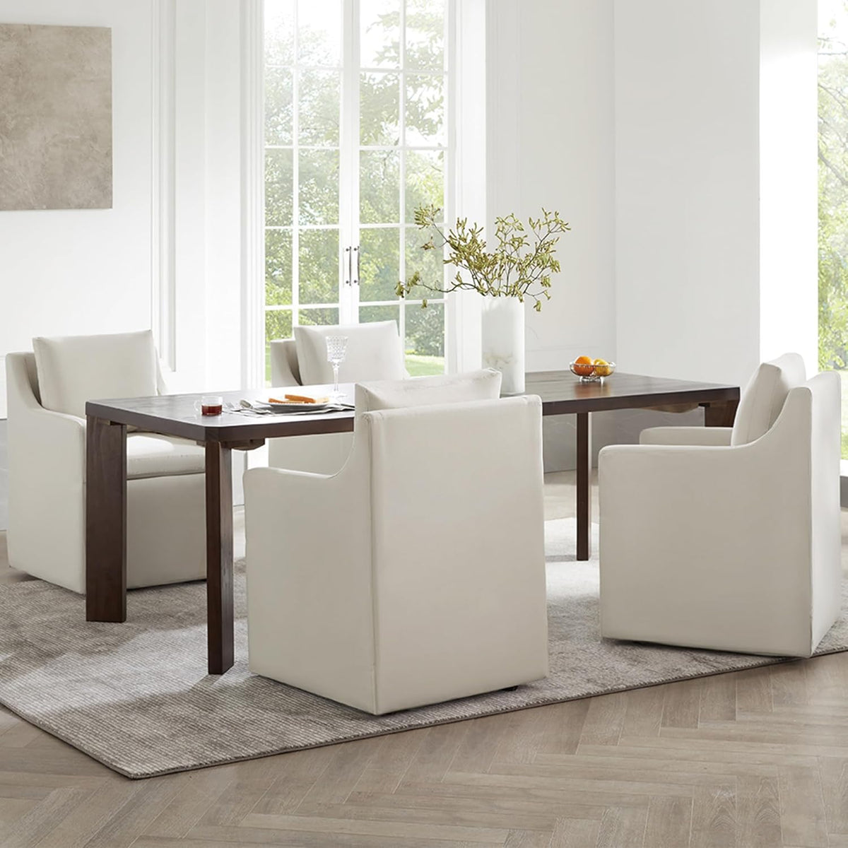 KISLOT Upholstered Dining Chairs with Casters Modern Side Armchair with Rollers for Diningroom Bedroom Livingroom Reading Room, Flax Beige, 1 Box