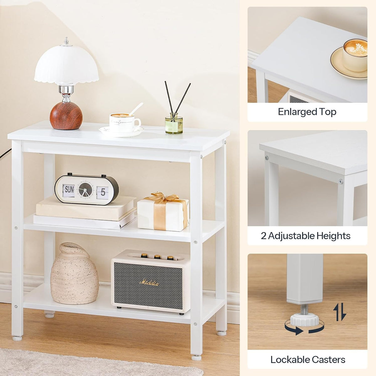 HOOBRO End Table, Simple Rustic Side Table with 3-Tier Storage Shelf, Narrow Nightstand for Small Spaces, Easy Assembly, for Living Room, Bedroom, Industrial Design, White WT14BZ01