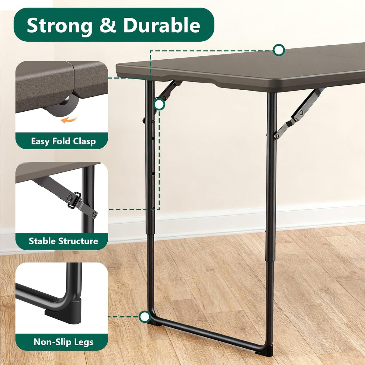 Folding Table 4ft - Heavy Duty Fold-in-Half Plastic Table with Adjustable Height, Portable Utility Tables with Steel Legs for Indoor, Outdoor, Picnic, Camping, Dining, Party (Khaki)