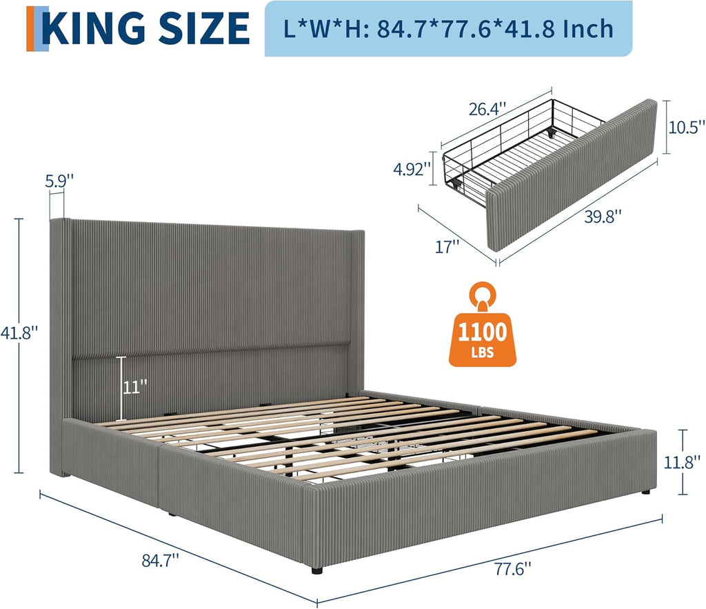 King Bed Frame with 4 Storage Drawers, Corduroy Upholstered Platform Bed