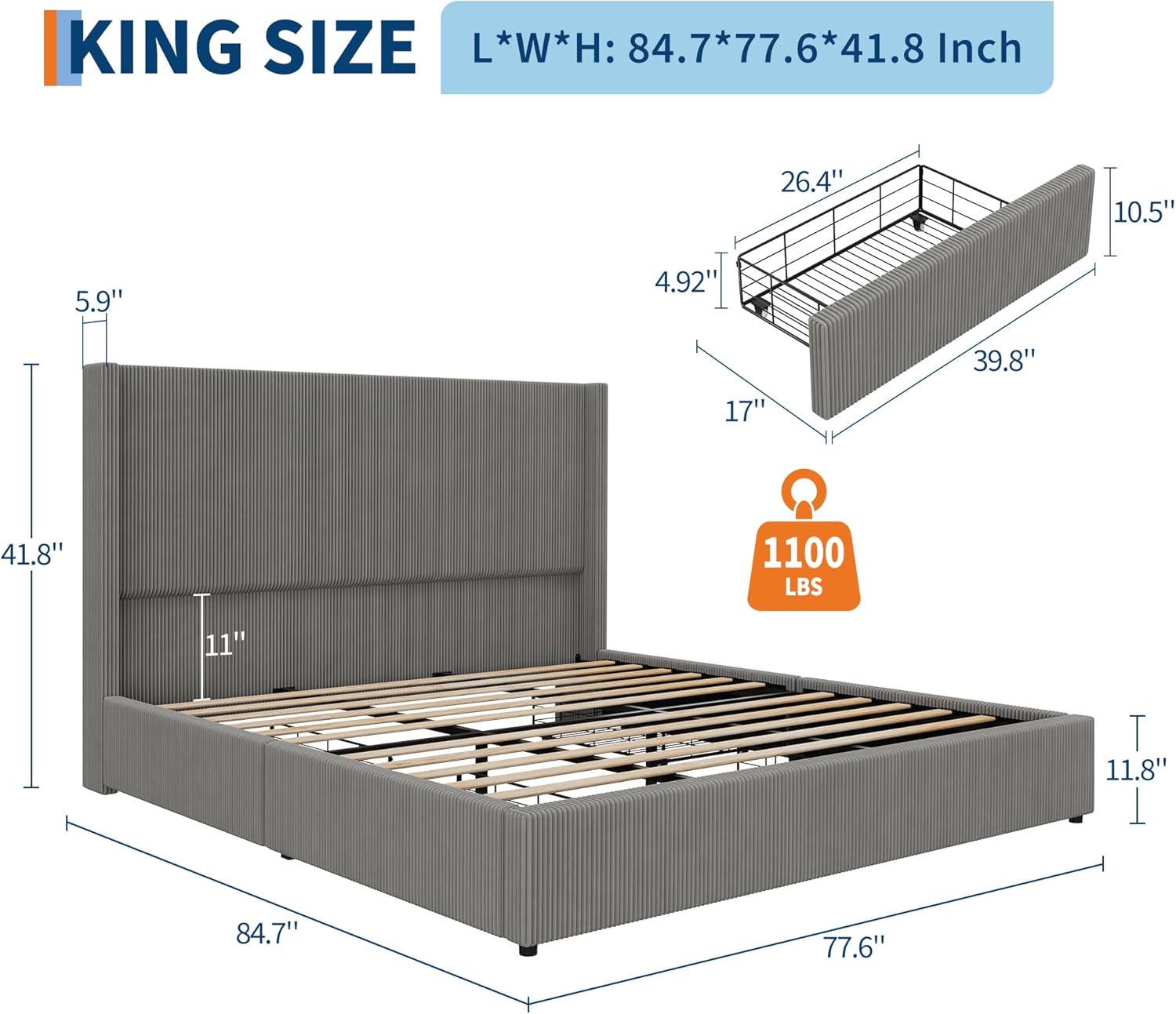 King Bed Frame with 4 Storage Drawers, Corduroy Upholstered Platform Bed