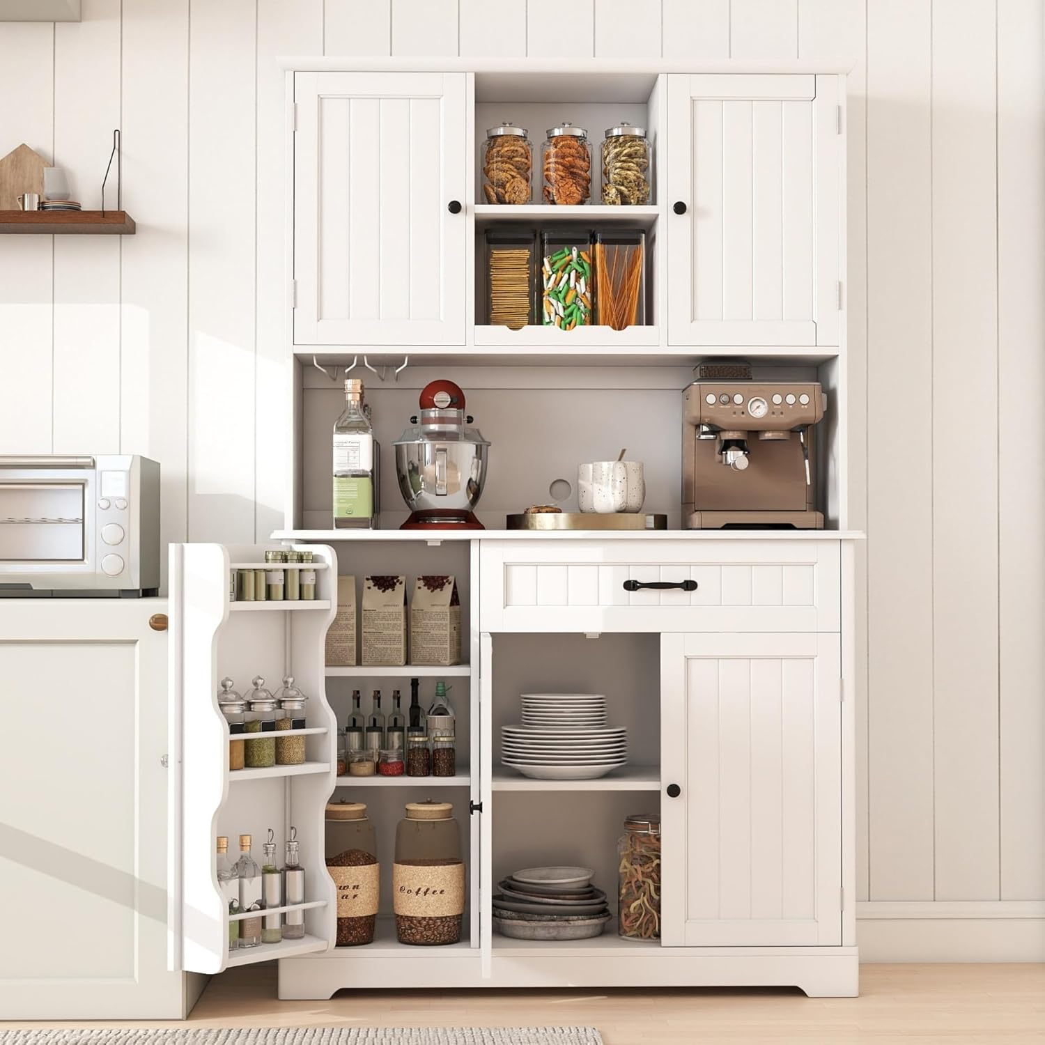 Gizoon 71" Kitchen Hutch with Storage Kitchen Pantry Cabinet with Doors and Shelves Coffee Bar Cabinet with Storage Farmhouse Pantry for Dining Room and Craft Room, White