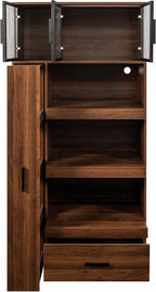 Tall Kitchen Pantry Cabinet with Microwave Stand, Walnut Coffee Bar Cabinet with Drawer, Pull-Out Storage Shelves and Aluminum Frame Glass Doors, Freestanding Food Hutch for Kitchen and Dining Room