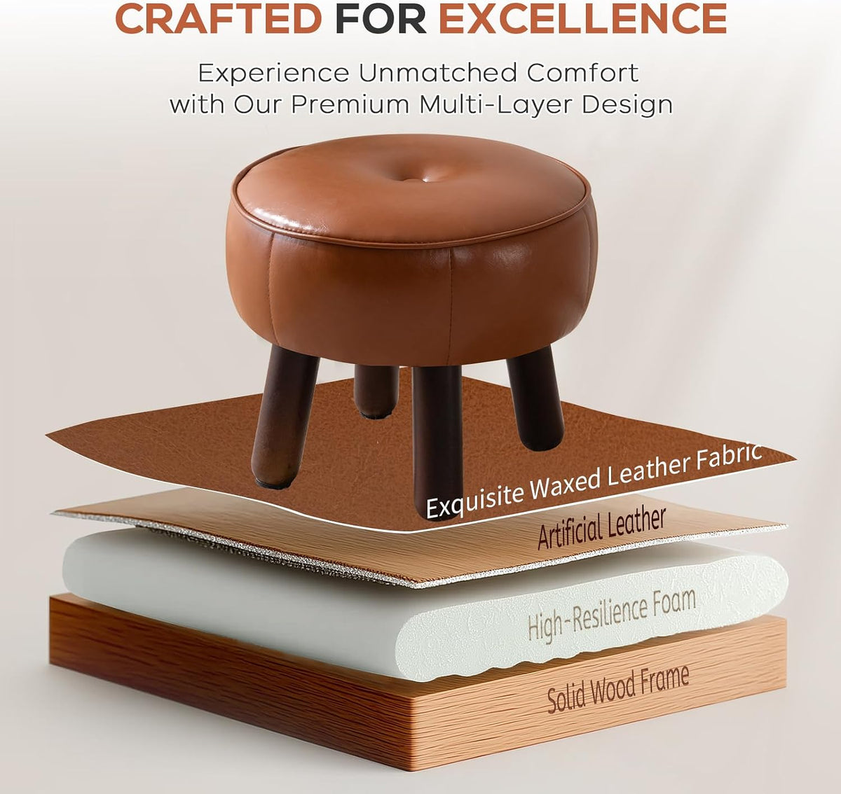 oakvivo Small Foot Stool, 13in Round Faux Leather Pouf Ottoman Foot Rest | Footstool Ottomans with Rubber Legs Under Desk, 13''L x 13''W x 10.2''H, Footrest for Couch, Living Room Bedroom, Brown