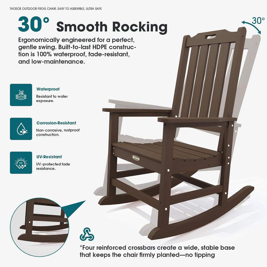 THOEOE Outdoor Rocking Chairs Set of 2, Oversized Patio Rocking Chair | HDPE Outdoor Rockers for Front Porch, Patio, Backyard, Balcony and Garden. All-Weather High Back Design, Brown