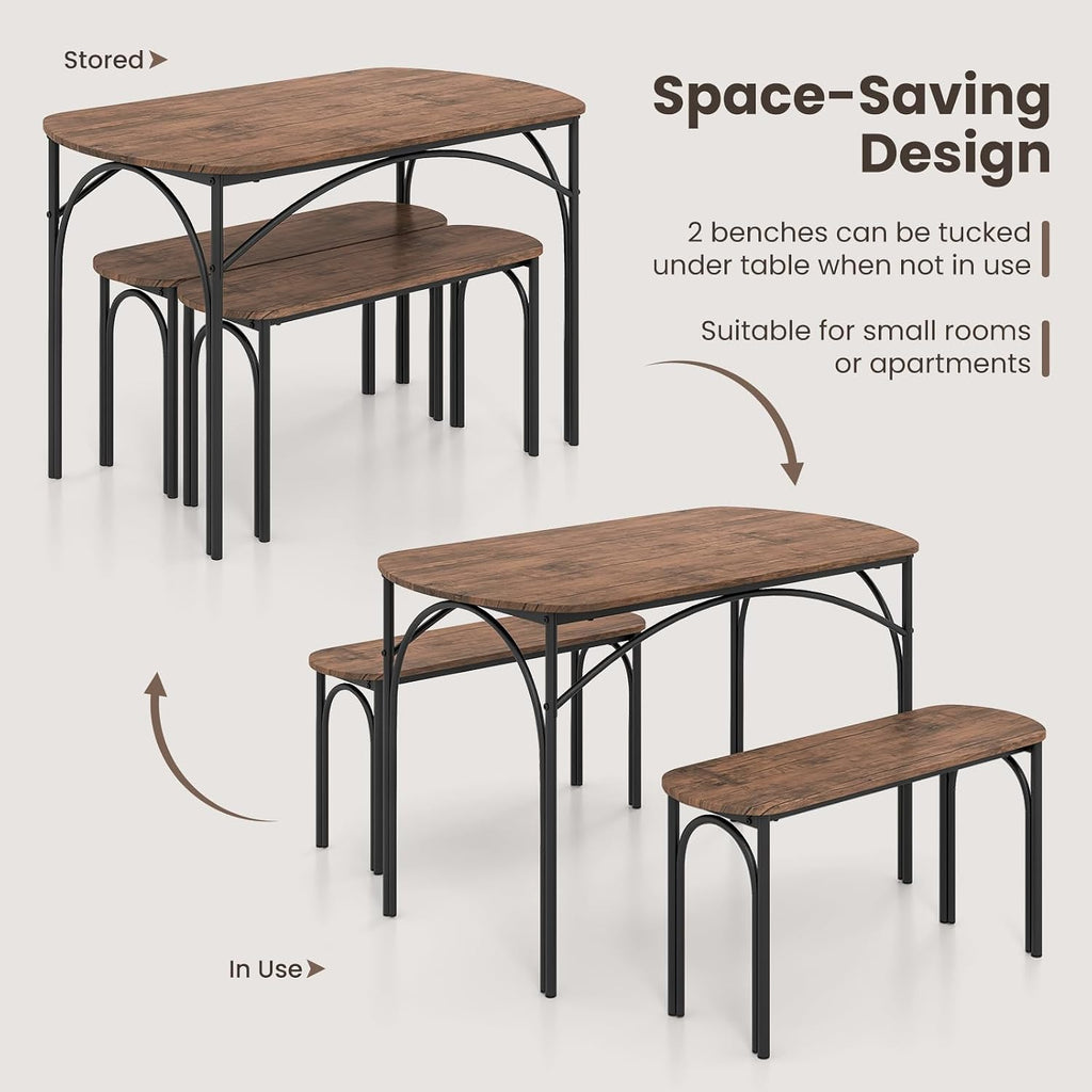 GOFLAME 3-Piece Dining Table Set for 4, Wooden Kitchen Table and 2 Benches Set with Metal Frame, Space-Saving Dinette Set for Living Room, Dining Room, Breakfast Nook, Small Space