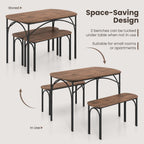 GOFLAME 3-Piece Dining Table Set for 4, Wooden Kitchen Table and 2 Benches Set with Metal Frame, Space-Saving Dinette Set for Living Room, Dining Room, Breakfast Nook, Small Space