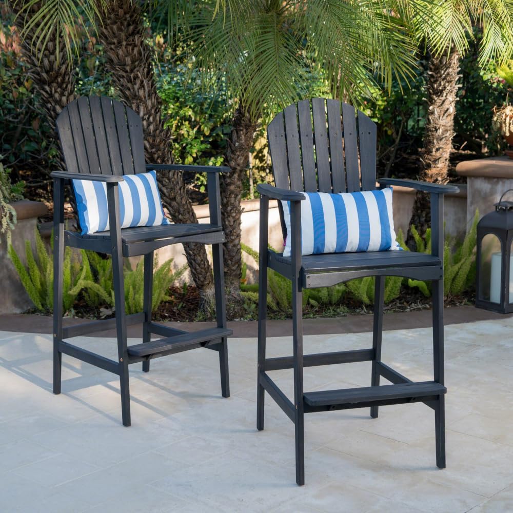 Saiveina Outdoor Acacia Wood Adirondack Barstools, Set of 2, Dark Gray