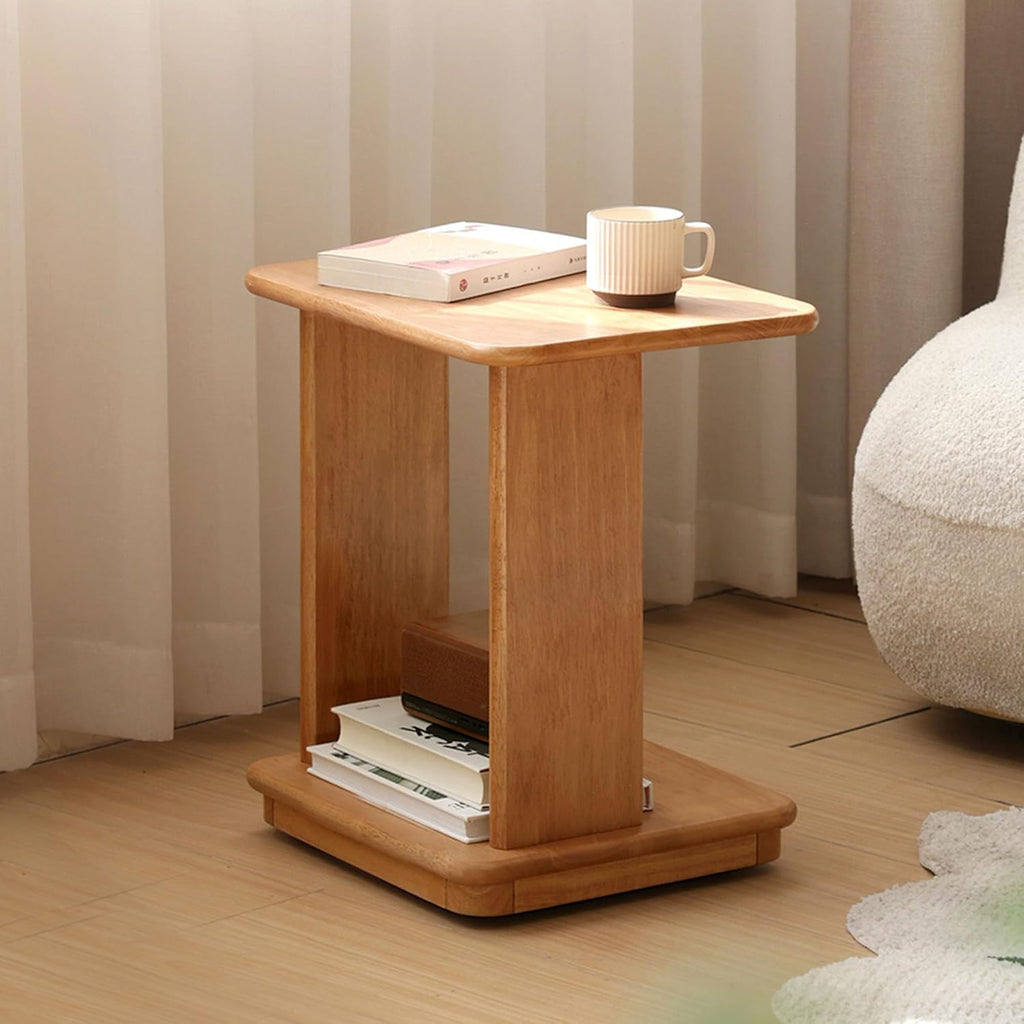 YESWOOD C Shaped End Table, Solid Wood Side Table, Small Rolling Side Table with 4 Lockable Wheels, 2-Tier Wood Bedside Table, End Tables Living Room, Bed Side Tables Bedroom, Home Office(19.69" H)