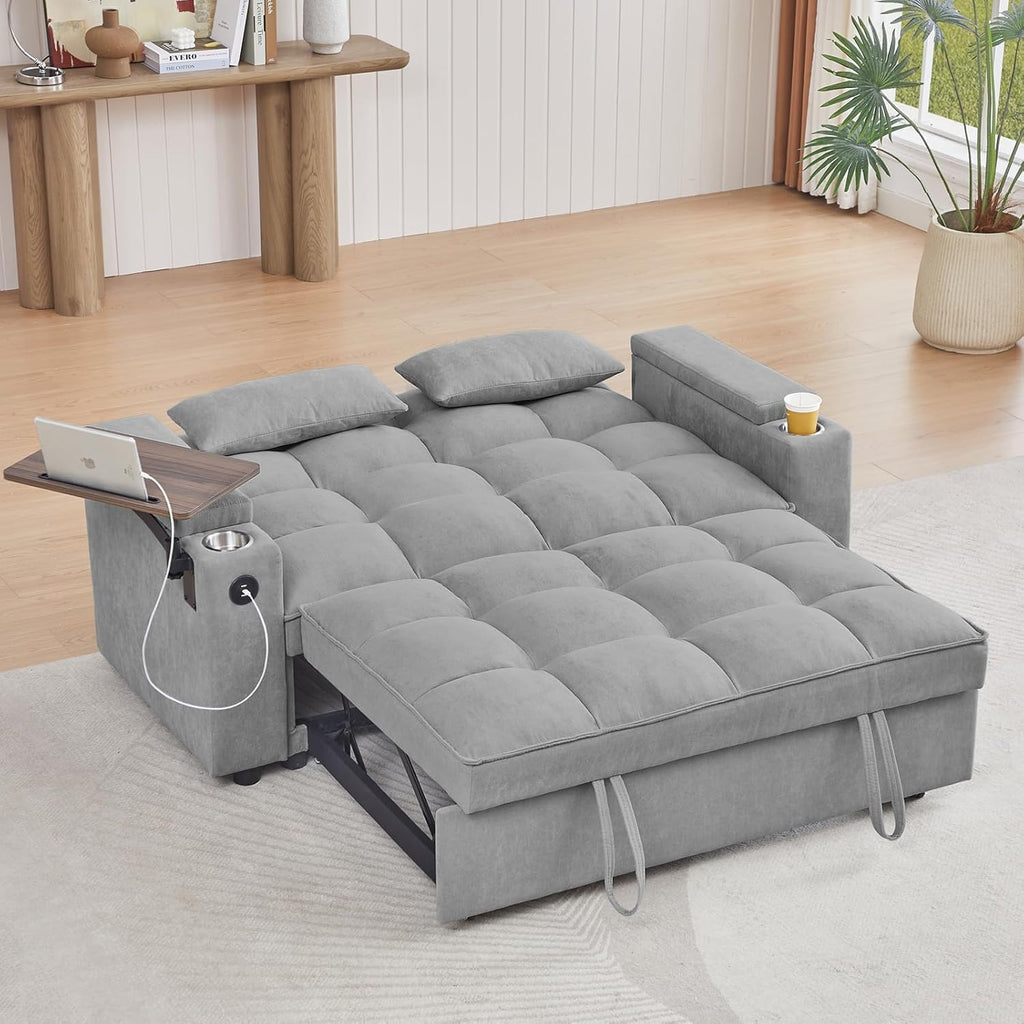hansones 65" 3-in-1 Sofa Bed, Pull Out Sleeper Sofa with 360° Swivel Side Table, Storage Armrests, Cup Holders & USB Charging Ports, Chenille Convertible Couch for Living Room