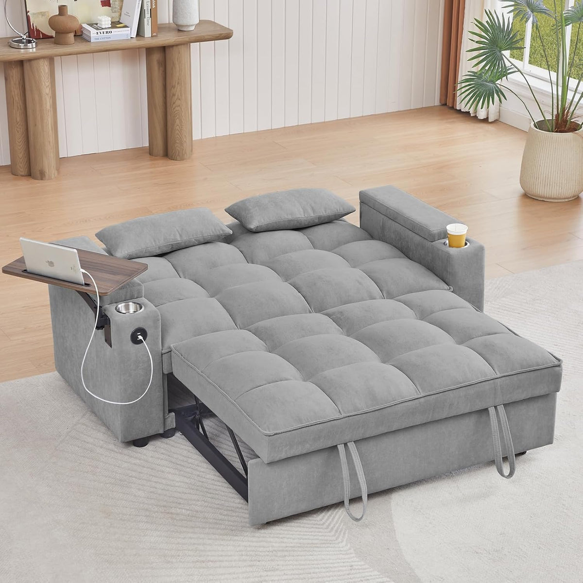 hansones 65" 3-in-1 Sofa Bed, Pull Out Sleeper Sofa with 360° Swivel Side Table, Storage Armrests, Cup Holders & USB Charging Ports, Chenille Convertible Couch for Living Room