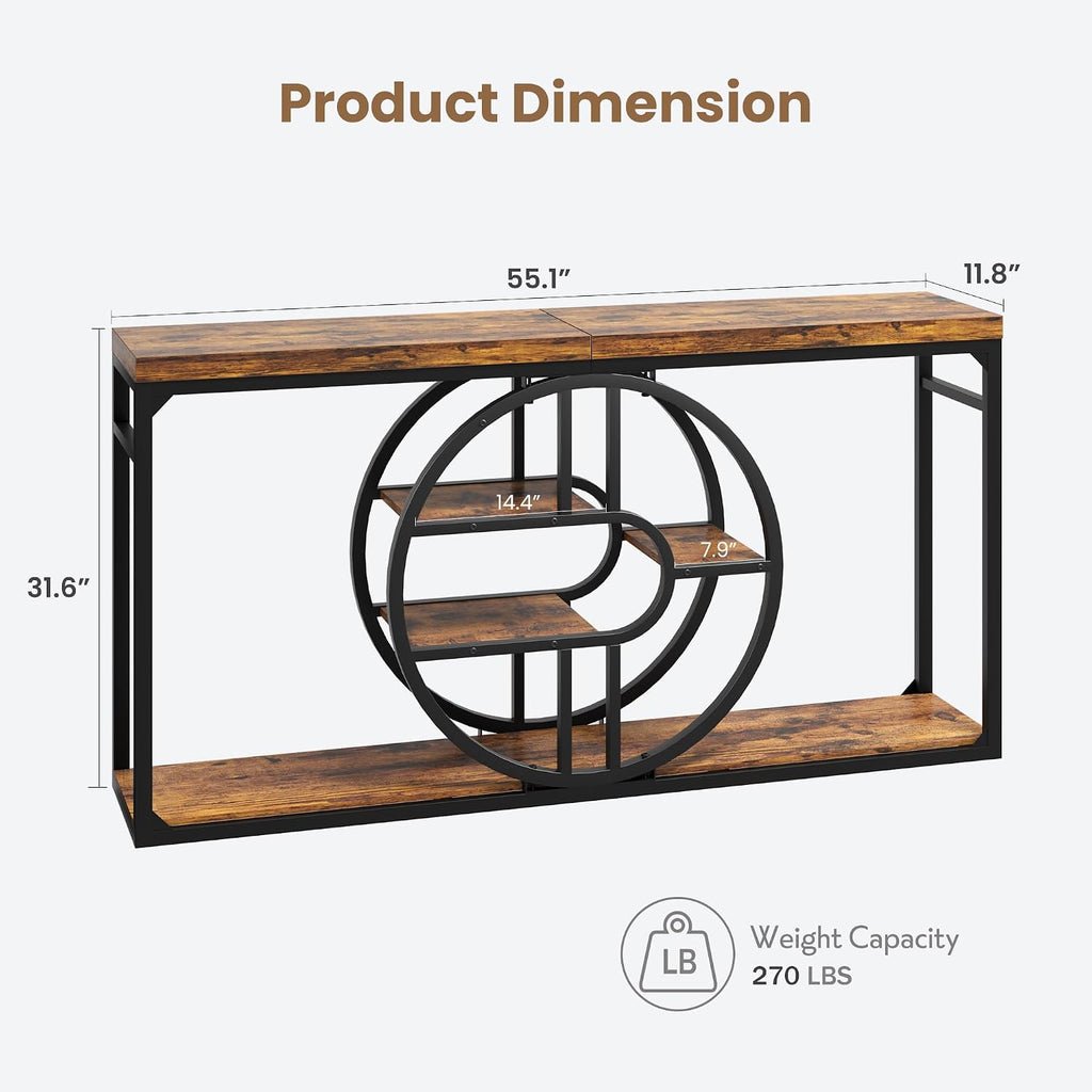GarveeHome 55" Industrial Entryway Table, 5-Tier Narrow Console Table with o-Shaped Metal Frame, Storage Sofa Table for Living Room, Hallway & Entrance