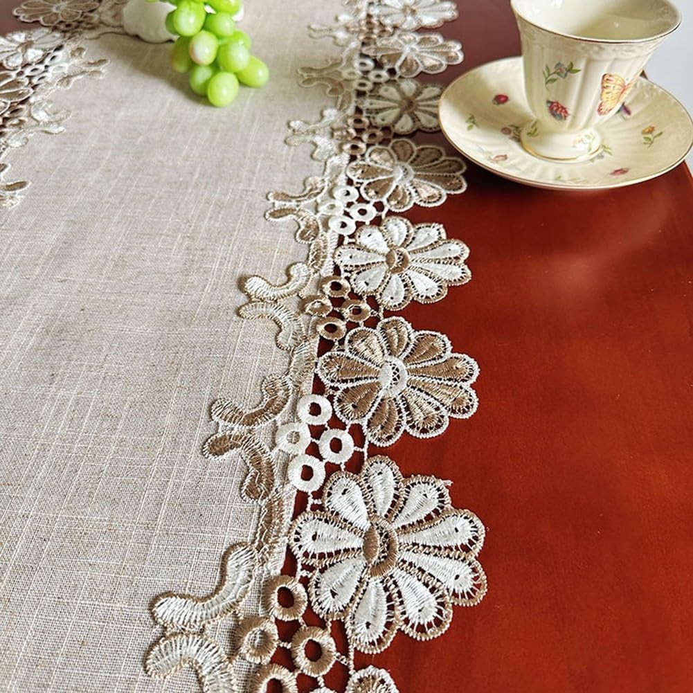 European Style Linen Runner Table with Lace Trim for Home Tables, Rectangular Shape, Suitable for Dining Room and Decoration (40 x 80 cm)