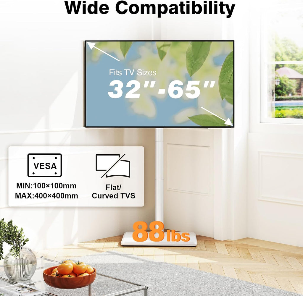 TVON Universal Floor TV Stand with Mount for Most 32-65 Inch TV up to 88lbs | Height Adjustable TV Floor Stand with Wood Base for Space Saving (WHITE, Wooden Base)