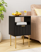 Nightstand,Modern Bedside Table with Gold Frame,White Night Stand,Bedside Furniture, Modern Side Table with Drawer and Shelf for Bedroom (Black)